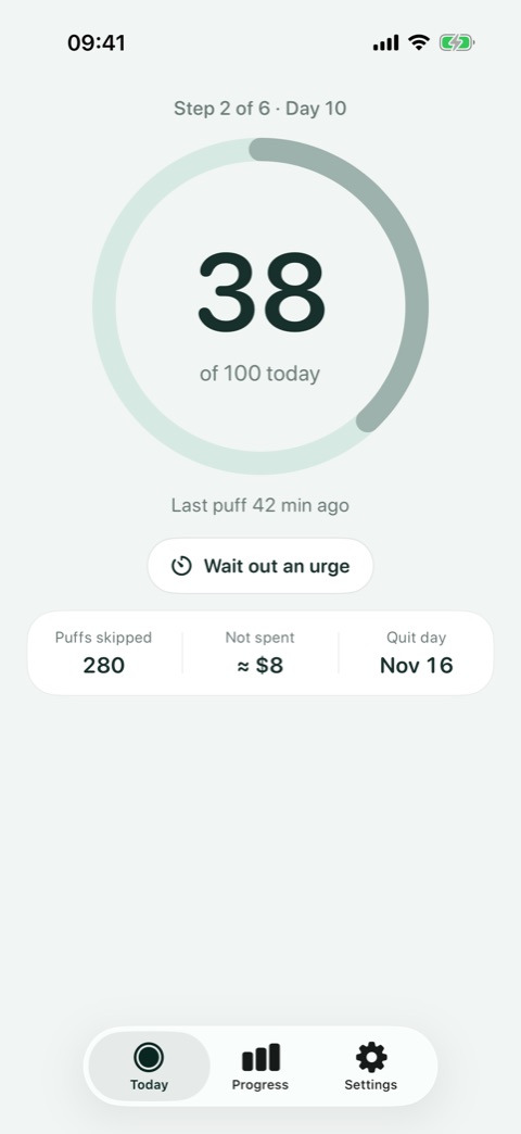 Fewer&rsquo;s Today screen: 38 of 100 puffs today, on step 2 of a 6-step plan.