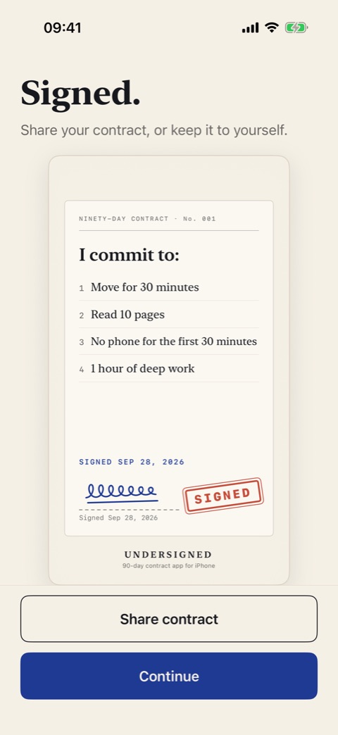 Undersigned&rsquo;s signed contract, listing four daily commitments.